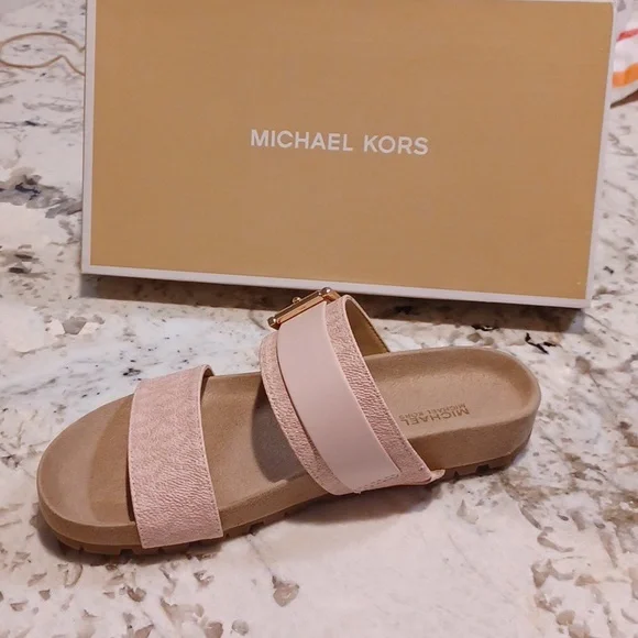 Michael Kors Blush Pink Mylah MK Signature Print Slide Sandals NEW SZ 6.5 - Picture 4 of 14
